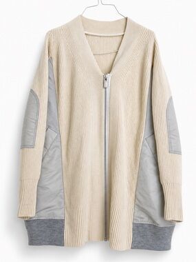 Sacai Hybrid Knit Nylon Blouson Cardigan Jacket Ivory Grey Size Small